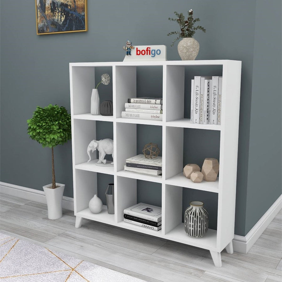 Biblioteca Cub cu 9 compartimente si rafturi, etajera carti 100 x 100 cm, cutii organizatoare design geometric modern, PAL melaminat 18 mm clasa E1, asezabila vertical sau orizontal ca bancuta, stil scandinav Alb - detaliu 4