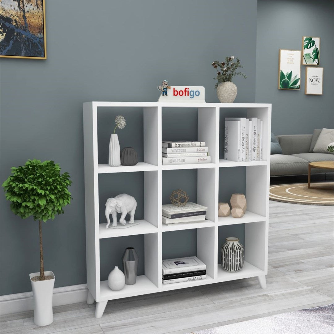 Biblioteca Cub cu 9 compartimente si rafturi, etajera carti 100 x 100 cm, cutii organizatoare design geometric modern, PAL melaminat 18 mm clasa E1, asezabila vertical sau orizontal ca bancuta, stil scandinav Antracit - detaliu 8