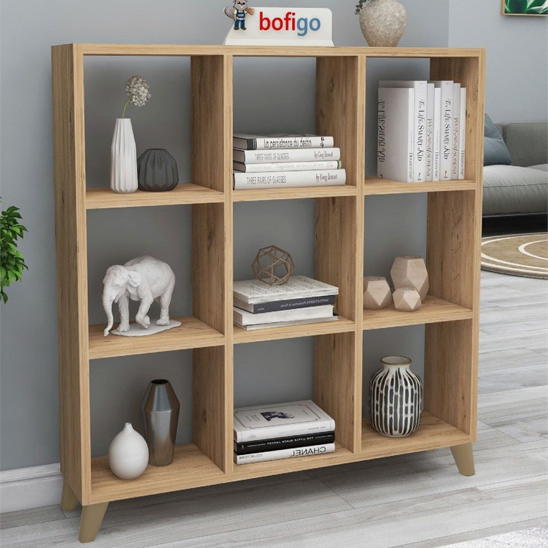 Biblioteca Cub cu 9 compartimente si rafturi, etajera carti 100 x 100 cm, cutii organizatoare design geometric modern, PAL melaminat 18 mm clasa E1, asezabila vertical sau orizontal ca bancuta, stil scandinav Antracit - detaliu 9