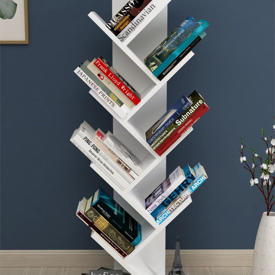 Biblioteca Copac cu rafturi decorative, etajera living 60 x 170 cm in forma de copac, cadru metalic negru + polite PAL melaminat 18 mm, element decorativ remarcabil pentru living sau birou, stil industrial modern Alb - vedere principala