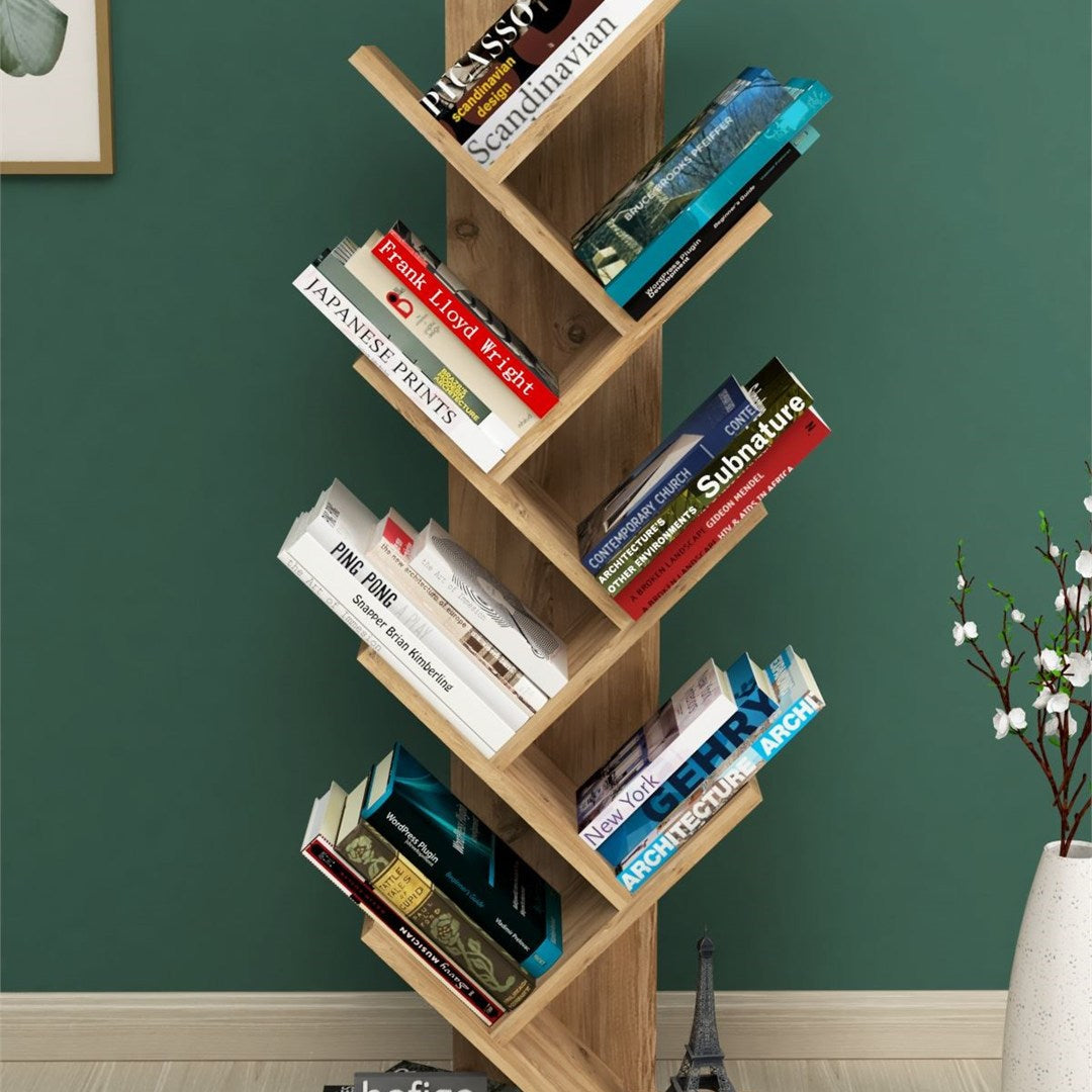 Biblioteca Copac cu rafturi decorative, etajera living 60 x 170 cm in forma de copac, cadru metalic negru + polite PAL melaminat 18 mm, element decorativ remarcabil pentru living sau birou, stil industrial modern Pin natur - vedere principala