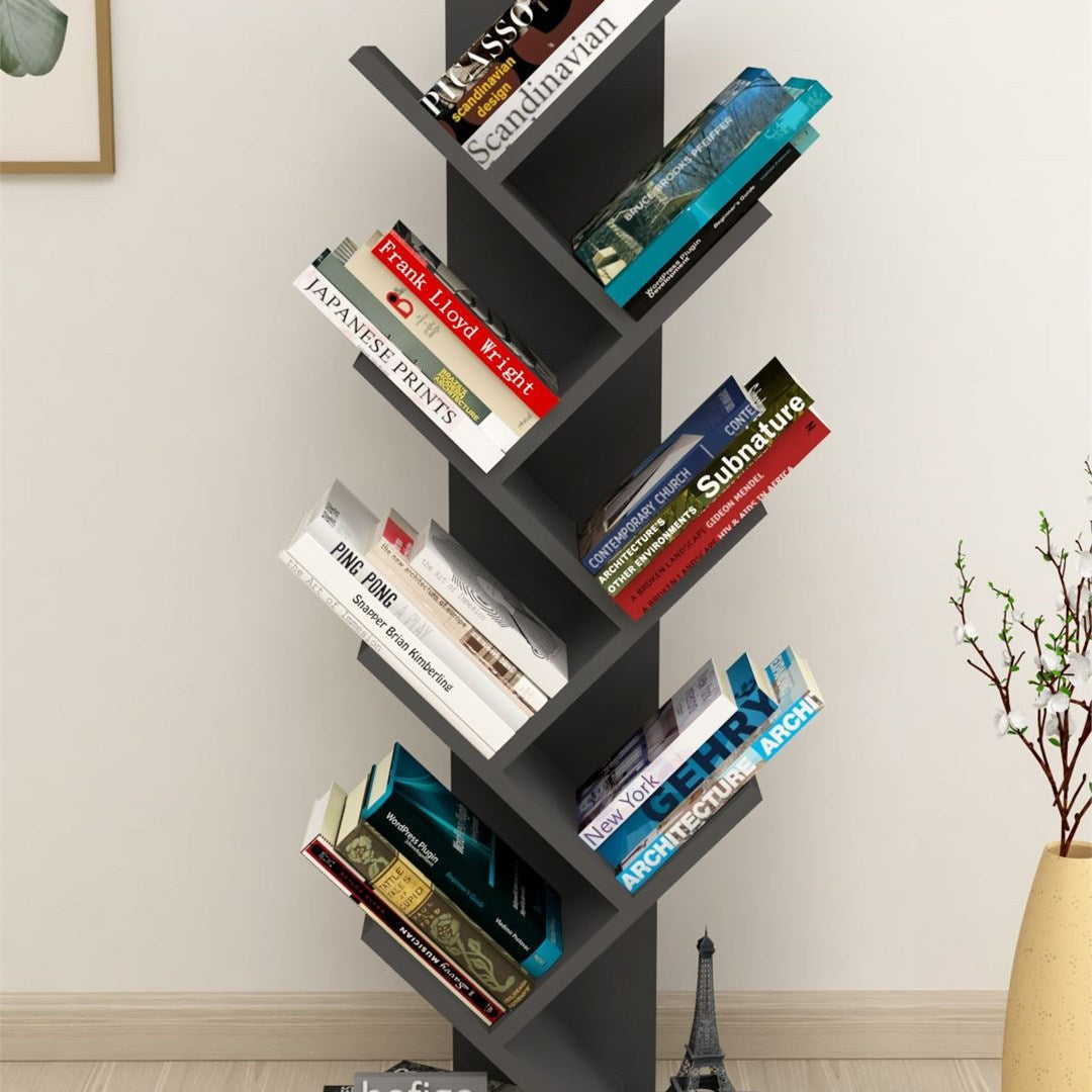 Biblioteca Copac cu rafturi decorative, etajera living 60 x 170 cm in forma de copac, cadru metalic negru + polite PAL melaminat 18 mm, element decorativ remarcabil pentru living sau birou, stil industrial modern Pin natur - detaliu 10