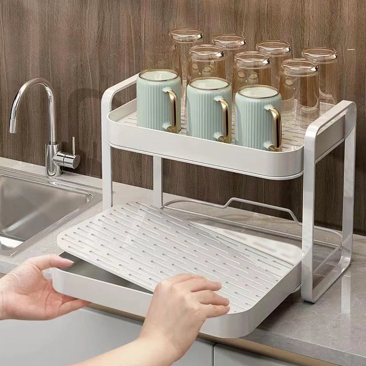 Suport cu 2 nivele pentru scurgerea paharelor, cadru metalic, 36.5 x 25.5 x 29 cm, alb