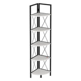 Biblioteca metalica de colt cu 5 rafturi, etajera colt 30 x 170 cm, cadru metalic negru stil industrial, rafturi triunghiulare PAL melaminat 18 mm, optimizeaza spatiul living birou sau dormitor, stil loft Alb - detaliu 5