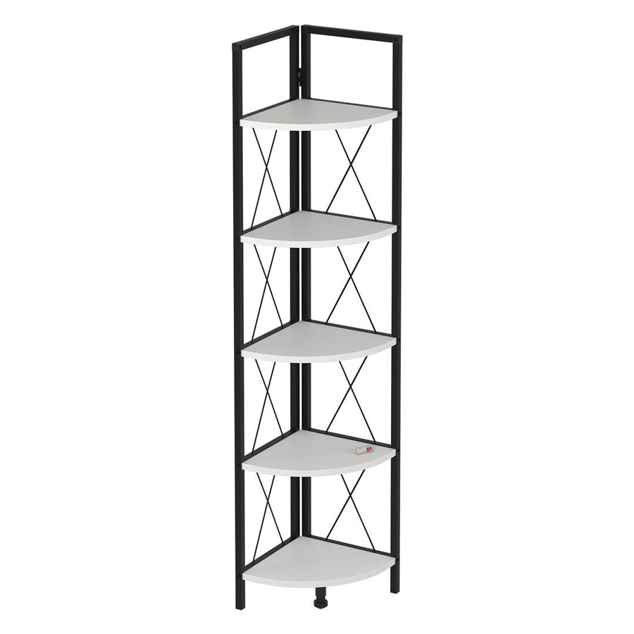 Biblioteca metalica de colt cu 5 rafturi, etajera colt 30 x 170 cm, cadru metalic negru stil industrial, rafturi triunghiulare PAL melaminat 18 mm, optimizeaza spatiul living birou sau dormitor, stil loft Alb - detaliu 5
