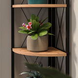 Biblioteca metalica de colt cu 5 rafturi, etajera colt 30 x 170 cm, cadru metalic negru stil industrial, rafturi triunghiulare PAL melaminat 18 mm, optimizeaza spatiul living birou sau dormitor, stil loft Pin natur - detaliu 2