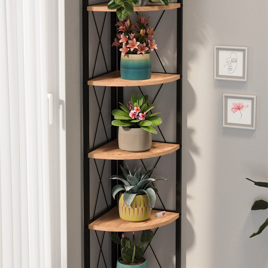 Biblioteca metalica de colt cu 5 rafturi, etajera colt 30 x 170 cm, cadru metalic negru stil industrial, rafturi triunghiulare PAL melaminat 18 mm, optimizeaza spatiul living birou sau dormitor, stil loft Pin natur - detaliu 4