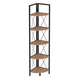 Biblioteca metalica de colt cu 5 rafturi, etajera colt 30 x 170 cm, cadru metalic negru stil industrial, rafturi triunghiulare PAL melaminat 18 mm, optimizeaza spatiul living birou sau dormitor, stil loft Pin natur - detaliu 5