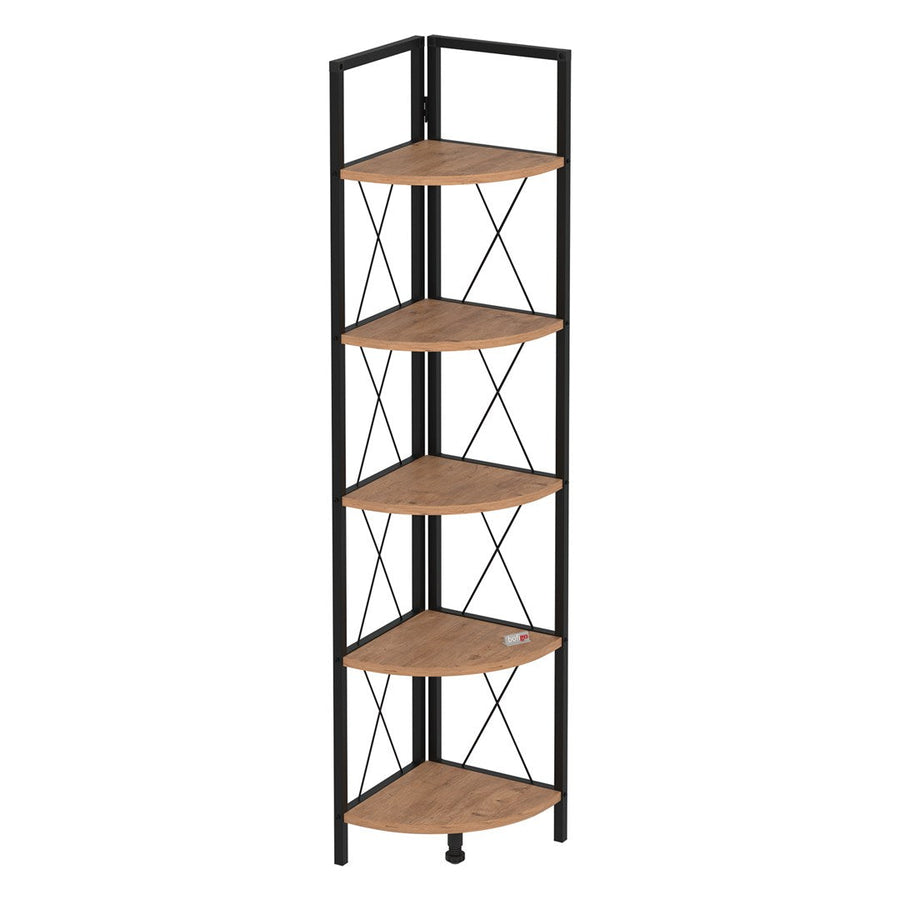 Biblioteca metalica de colt cu 5 rafturi, etajera colt 30 x 170 cm, cadru metalic negru stil industrial, rafturi triunghiulare PAL melaminat 18 mm, optimizeaza spatiul living birou sau dormitor, stil loft Pin natur - detaliu 5