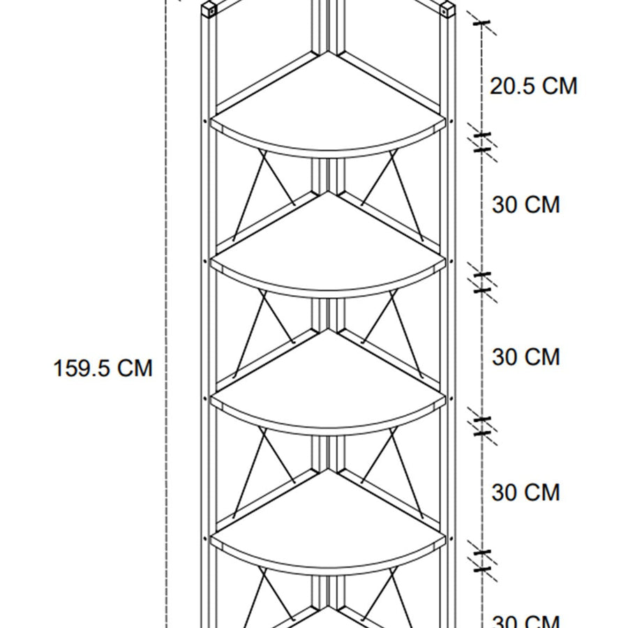 Biblioteca metalica de colt cu 5 rafturi, etajera colt 30 x 170 cm, cadru metalic negru stil industrial, rafturi triunghiulare PAL melaminat 18 mm, optimizeaza spatiul living birou sau dormitor, stil loft Pin natur - detaliu 6