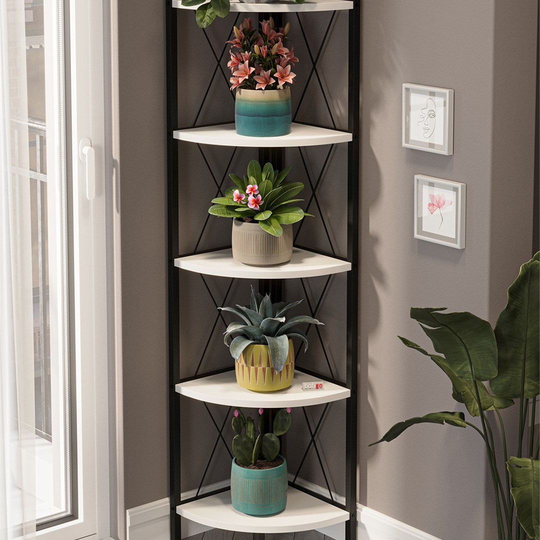Biblioteca metalica de colt cu 5 rafturi, etajera colt 30 x 170 cm, cadru metalic negru stil industrial, rafturi triunghiulare PAL melaminat 18 mm, optimizeaza spatiul living birou sau dormitor, stil loft Pin natur - detaliu 7
