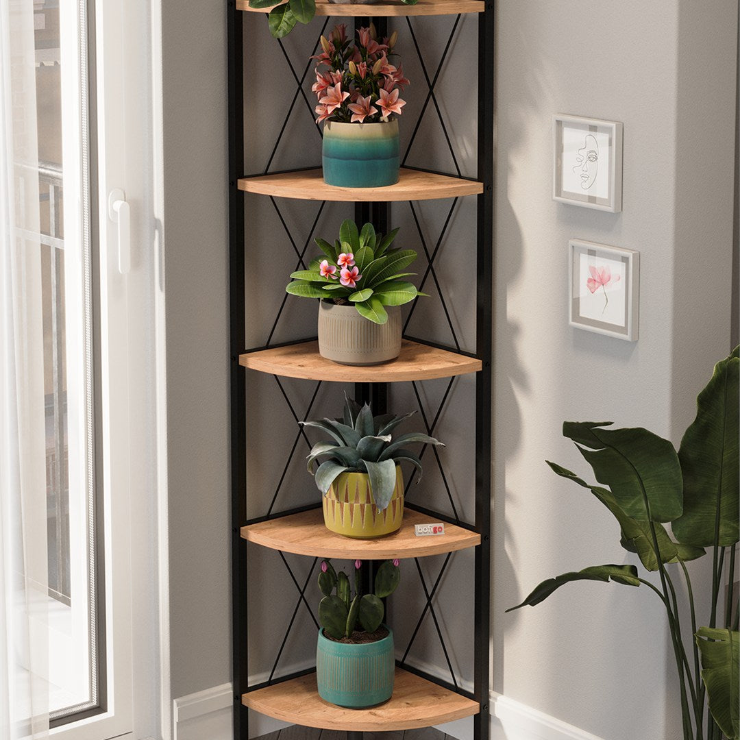 Biblioteca metalica de colt cu 5 rafturi, etajera colt 30 x 170 cm, cadru metalic negru stil industrial, rafturi triunghiulare PAL melaminat 18 mm, optimizeaza spatiul living birou sau dormitor, stil loft Antracit - detaliu 8