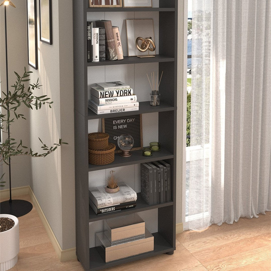 Biblioteca cu 6 rafturi din PAL, etajera carti 60 x 180 cm, PAL melaminat 18 mm clasa E1 cu margini ABS finisate, raft spatios pentru birou living sau dormitor, stil clasic modern scandinav Antracit - vedere principala