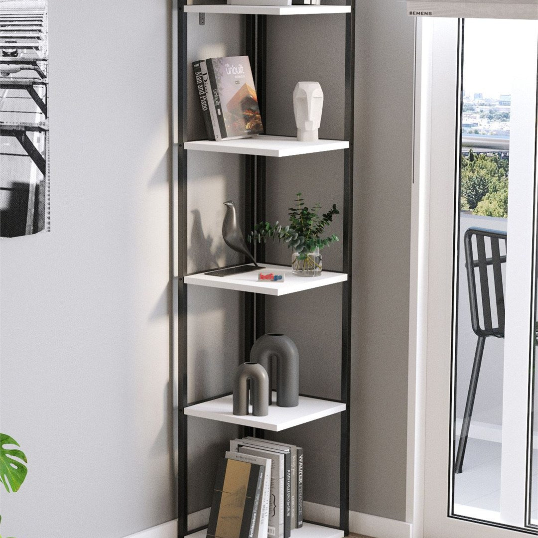 Biblioteca de colt Selanik cu 5 nivele, etajera colt 60 x 170 cm, polite late pentru carti mari sau obiecte decorative, PAL melaminat 18 mm clasa E1, stil modern scandinav ideal living sau birou Alb - vedere principala