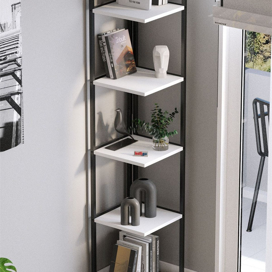 Biblioteca de colt Selanik cu 5 nivele, etajera colt 60 x 170 cm, polite late pentru carti mari sau obiecte decorative, PAL melaminat 18 mm clasa E1, stil modern scandinav ideal living sau birou Alb - detaliu 3