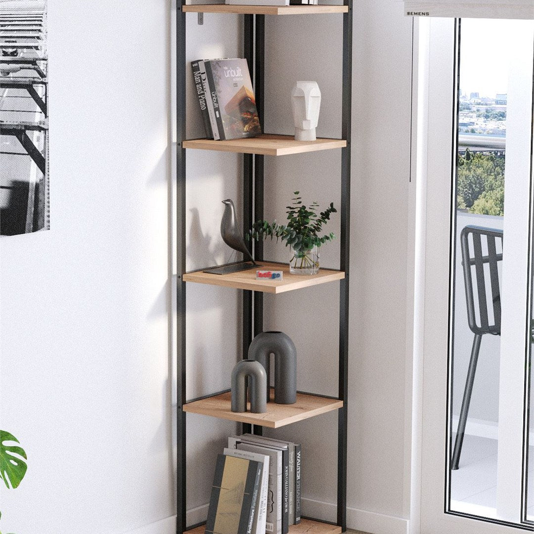 Biblioteca de colt Selanik cu 5 nivele, etajera colt 60 x 170 cm, polite late pentru carti mari sau obiecte decorative, PAL melaminat 18 mm clasa E1, stil modern scandinav ideal living sau birou Alb - detaliu 6