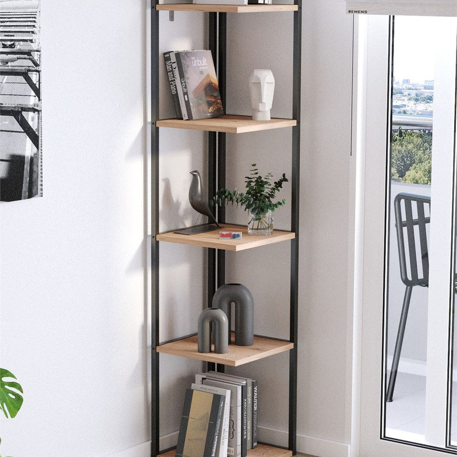 Biblioteca de colt Selanik cu 5 nivele, etajera colt 60 x 170 cm, polite late pentru carti mari sau obiecte decorative, PAL melaminat 18 mm clasa E1, stil modern scandinav ideal living sau birou Alb - detaliu 6