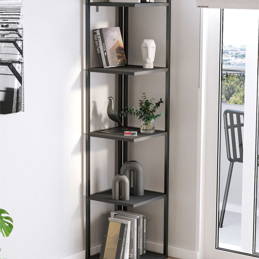 Biblioteca de colt Selanik cu 5 nivele, etajera colt 60 x 170 cm, polite late pentru carti mari sau obiecte decorative, PAL melaminat 18 mm clasa E1, stil modern scandinav ideal living sau birou Alb - detaliu 7