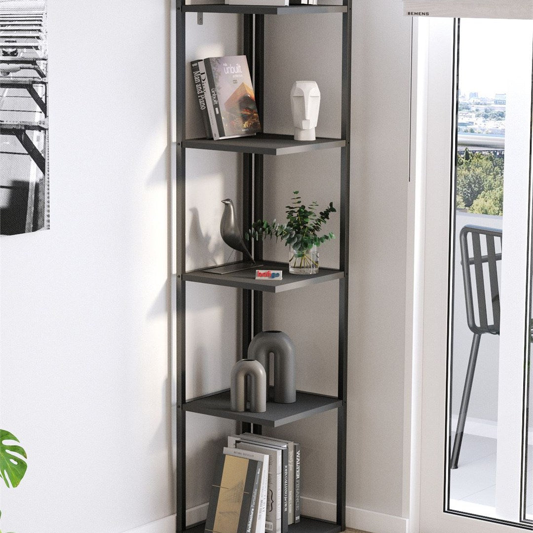 Biblioteca de colt Selanik cu 5 nivele, etajera colt 60 x 170 cm, polite late pentru carti mari sau obiecte decorative, PAL melaminat 18 mm clasa E1, stil modern scandinav ideal living sau birou Antracit - vedere principala