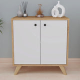 Biblioteca Smyrna joasa cu 2 rafturi, etajera 90 x 80 cm bicolor Stejar Safir + Alb, poate fi folosita si ca masuta sub fereastra in living, PAL melaminat 18 mm clasa E1, stil modern scandinav decorativ Stejar safir/Alb - detaliu 2