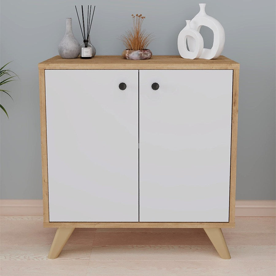 Biblioteca Smyrna joasa cu 2 rafturi, etajera 90 x 80 cm bicolor Stejar Safir + Alb, poate fi folosita si ca masuta sub fereastra in living, PAL melaminat 18 mm clasa E1, stil modern scandinav decorativ Stejar safir/Alb - detaliu 2