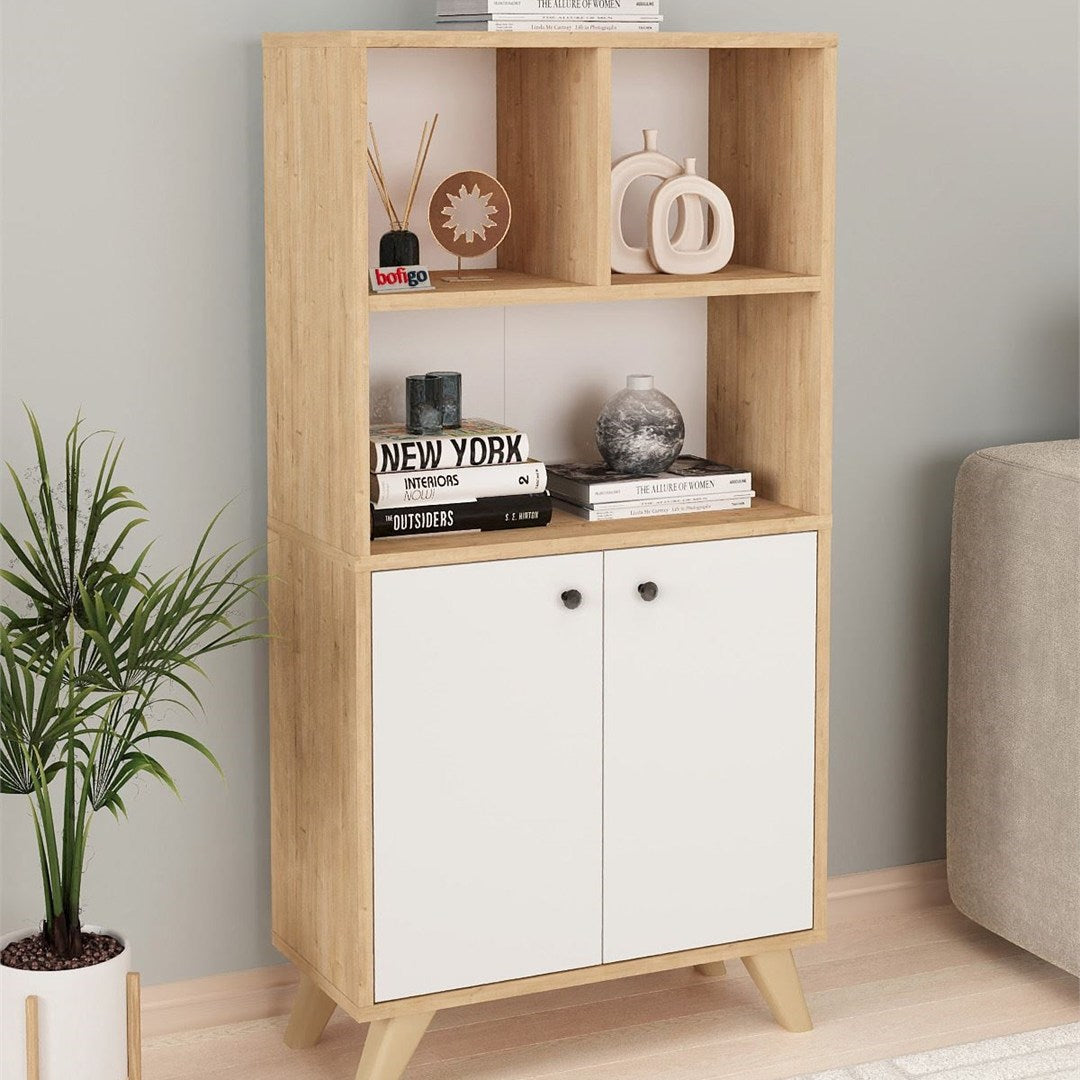 Biblioteca Smyrna joasa cu 2 rafturi, etajera 90 x 80 cm bicolor Stejar Safir + Alb, poate fi folosita si ca masuta sub fereastra in living, PAL melaminat 18 mm clasa E1, stil modern scandinav decorativ Stejar safir/Alb - detaliu 5