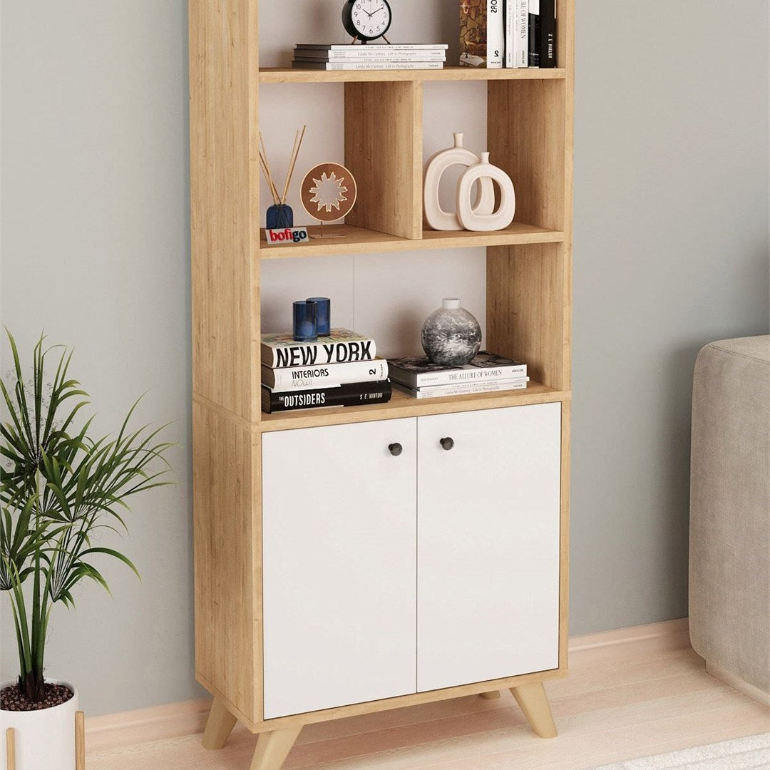Biblioteca Smyrna joasa cu 2 rafturi, etajera 90 x 80 cm bicolor Stejar Safir + Alb, poate fi folosita si ca masuta sub fereastra in living, PAL melaminat 18 mm clasa E1, stil modern scandinav decorativ Stejar safir/Alb - detaliu 7