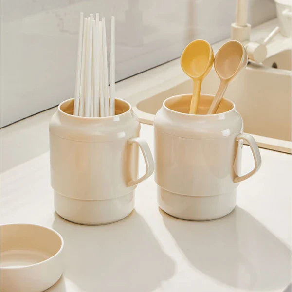 Suport ustensile bucatarie cu scurgere de tip cana, 13.5 cm x 11 cm, 14 cm, bej