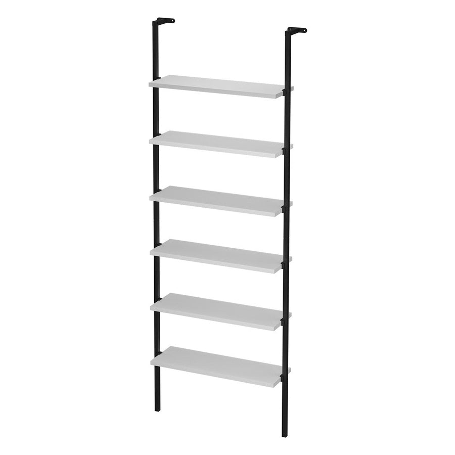 Biblioteca de perete cu 6 rafturi metalice, etajera plutitoare 90 x 100 cm, polite PAL melaminat 18 mm + suporti metalici negri, elibereaza spatiul de pe podea, accesorii fixare incluse, stil modern loft Alb - detaliu 5