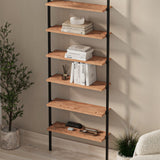 Biblioteca de perete cu 6 rafturi metalice, etajera plutitoare 90 x 100 cm, polite PAL melaminat 18 mm + suporti metalici negri, elibereaza spatiul de pe podea, accesorii fixare incluse, stil modern loft Pin natur - detaliu 2