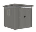 Casuta / magazie de gradina premium metalica, KLUGMEISTER Anna-B Gri Aluminiu, dimensiuni 230x230x222 cm, cu fereastra si baza metalica