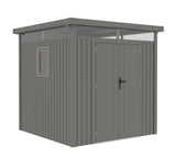 Casuta / magazie de gradina premium metalica, KLUGMEISTER Anna-B Gri Aluminiu, dimensiuni 230x230x222 cm, cu fereastra si baza metalica