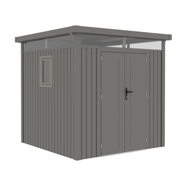 Casuta / magazie premium metalica pentru gradina, Klugmeister Anna-B, Gri Aluminiu, cu fereastra si baza metalica, 230x230x222 cm