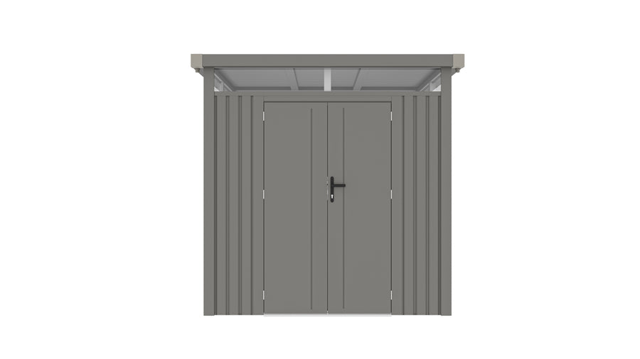 Casuta / magazie de gradina premium metalica, KLUGMEISTER Anna-B Gri Aluminiu, dimensiuni 230x230x222 cm, cu fereastra si baza metalica