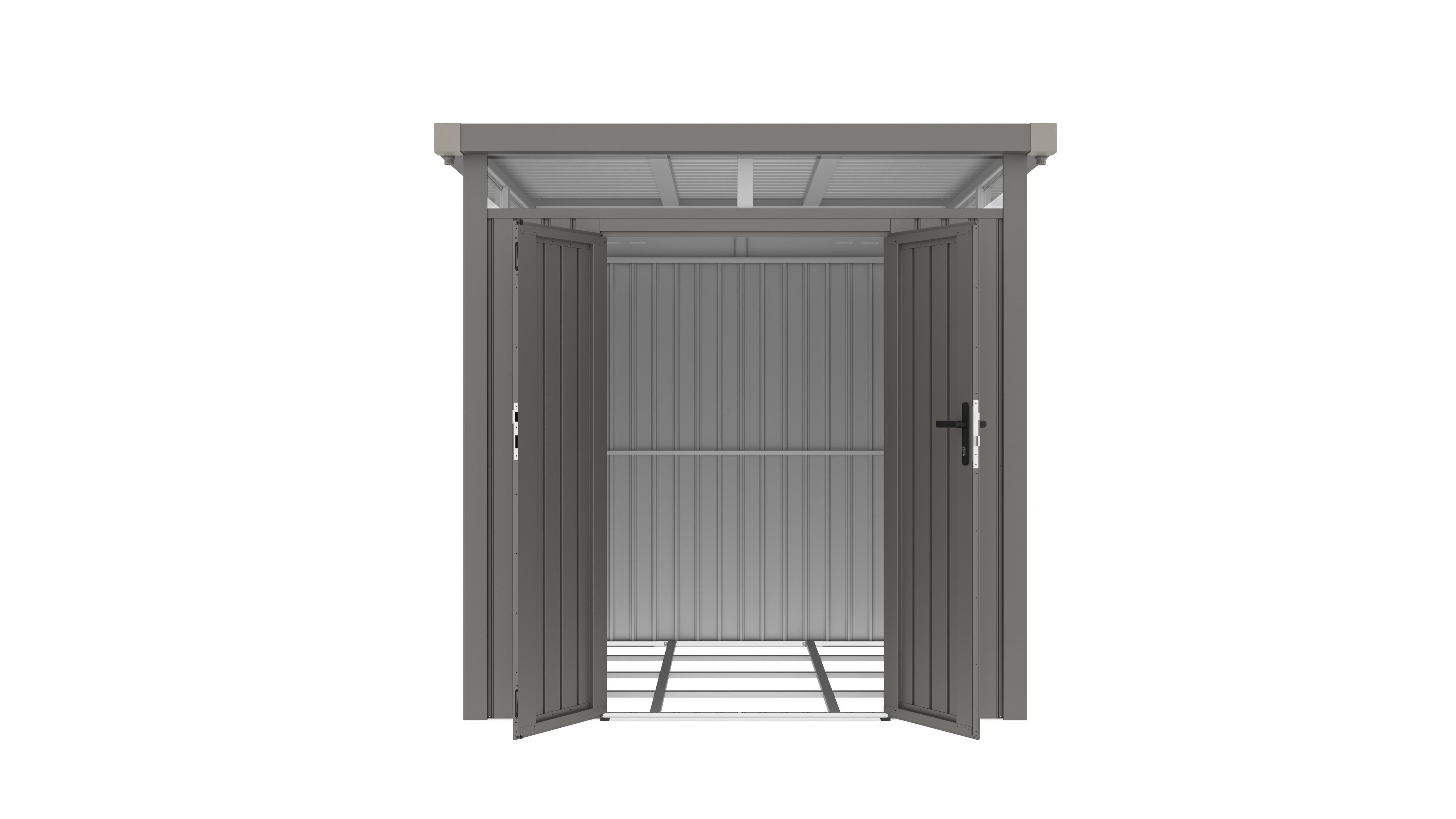 Casuta / magazie de gradina premium metalica, KLUGMEISTER Anna-B Gri Aluminiu, dimensiuni 230x230x222 cm, cu fereastra si baza metalica