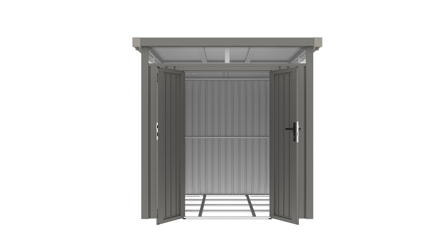 Casuta / magazie de gradina premium metalica, KLUGMEISTER Anna-B Gri Aluminiu, dimensiuni 230x230x222 cm, cu fereastra si baza metalica