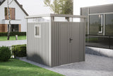 Casuta / magazie de gradina premium metalica, KLUGMEISTER Anna-B Gri Aluminiu, dimensiuni 230x230x222 cm, cu fereastra si baza metalica