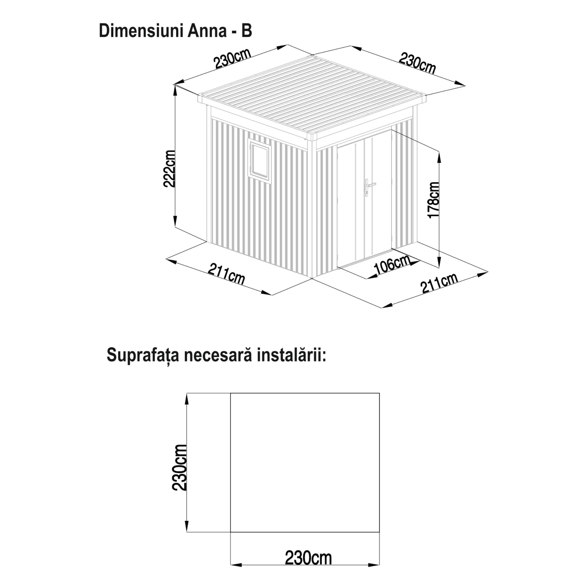 Casuta / magazie de gradina premium metalica, KLUGMEISTER Anna-B Gri Aluminiu, dimensiuni 230x230x222 cm, cu fereastra si baza metalica