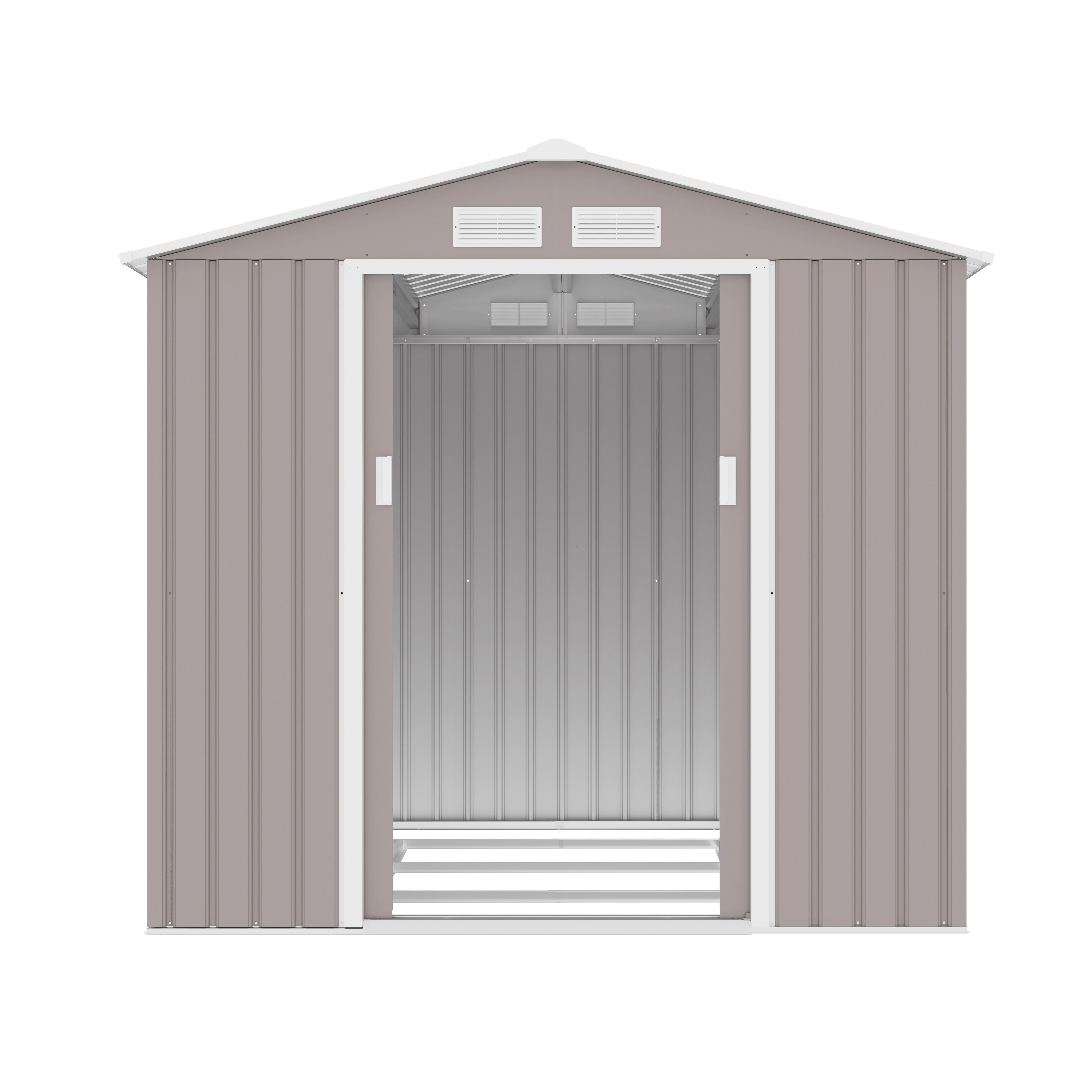 Casuta / magazie premium metalica pentru gradina Klugmeister Archer-B, Gri cald, cu baza metalica, 213x195x195 cm