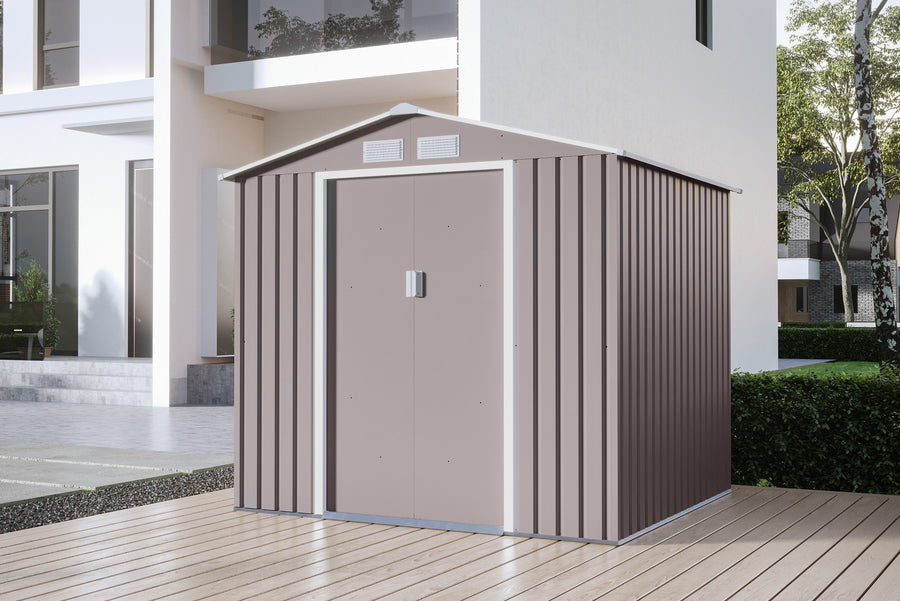 Casuta / magazie de gradina premium metalica, MESTERINO Archer-B Gri cald, dimensiuni 213x195x195 cm cu baza metalica