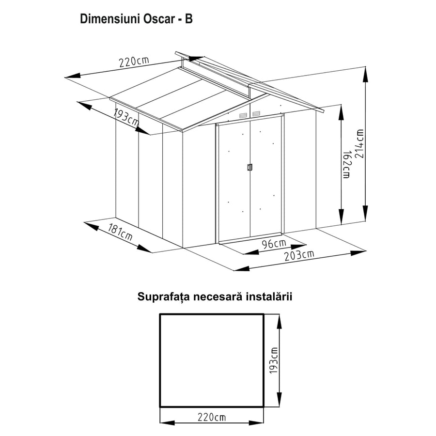 Casuta / magazie de gradina premium metalica, MESTERINO Oscar B Gri/Bej, dimensiuni 220x193x214 cm, cu baza metalica
