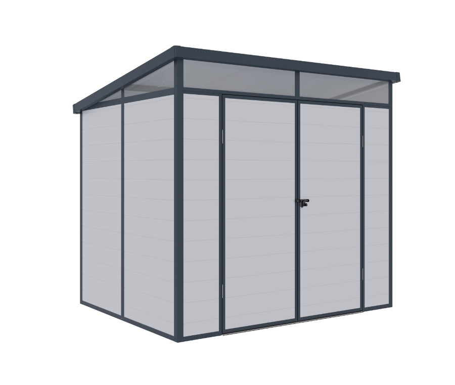 Casuta / magazie de gradina premium din material plastic, KLUGMEISTER Toya B Gri, dimensiuni 238x191x215 cm, cu baza metalica