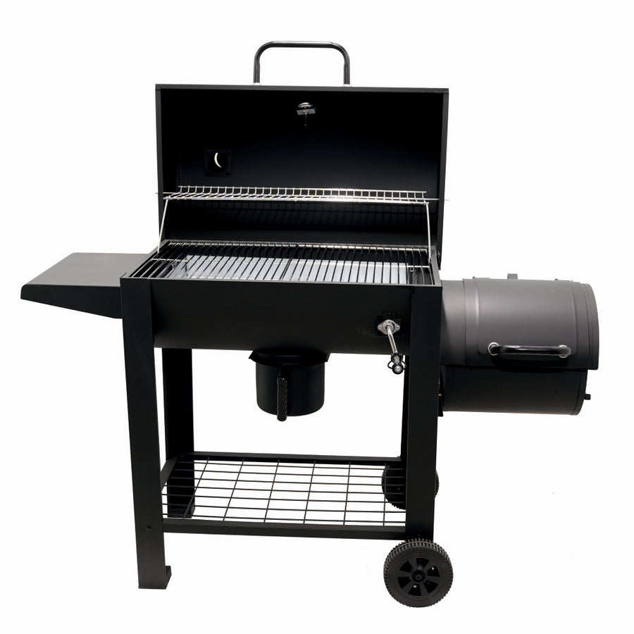 Gratar pe carbuni cu afumatoare KLUGMEISTER KY23020G, material otel, cu capac si roti de deplasare, suprafata gatire 66x42 cm
