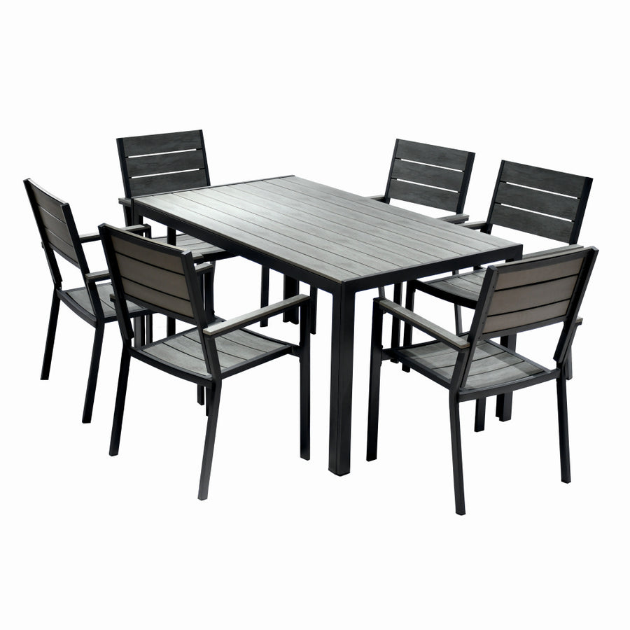 Set mobilier terasa/gradina KLUGMEISTER KJT2056, structura din otel, masa + 6 scaune din HDPE, culoare gri