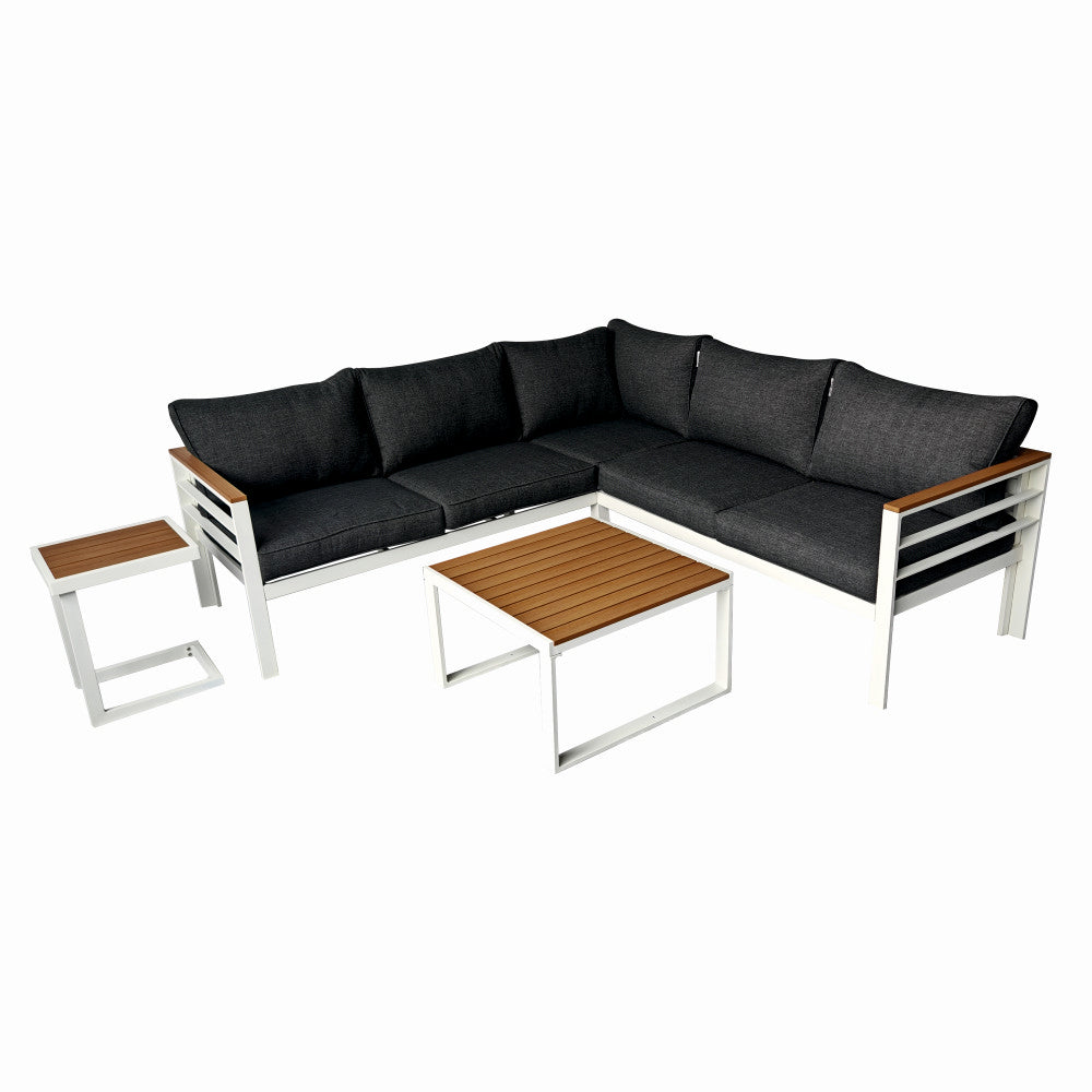 Set mobilier terasa/gradina KLUGMEISTER KJFA003, coltar 5 locuri si masa cu cadru de aluminiu, culoare gri