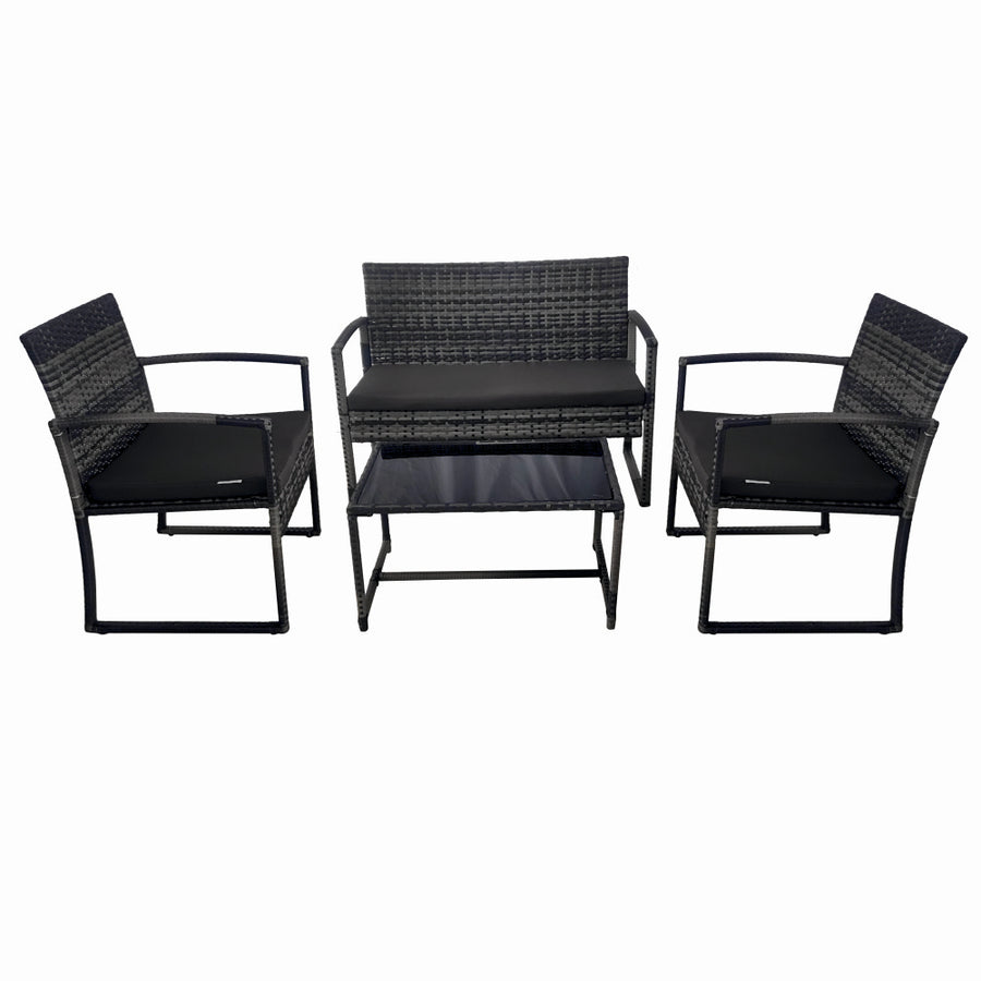 Set mobilier terasa/gradina tip ratan KLUGMEISTER KJF4965, canapea + doua fotolii + masuta din sticla securizata, culoare gri