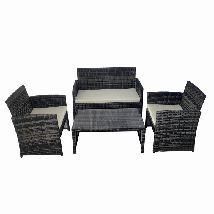 Set mobilier terasa/gradina tip ratan KLUGMEISTER KJFR030, canapea + doua fotolii + masuta din sticla securizata, culoare gri