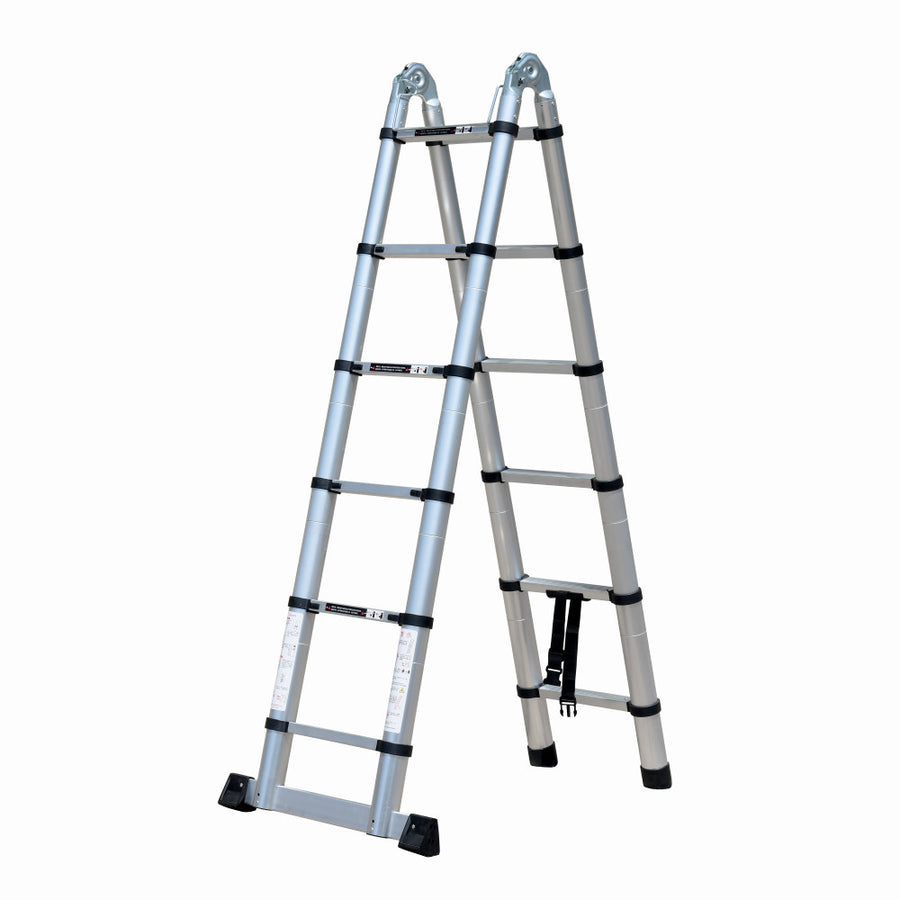 Scara telescopica din aluminiu cu balama MESTERINO TOOLS JL-102-2X1.9, 1.9+1.9 metri, 2x6 trepte, greutate maxima 150 kg