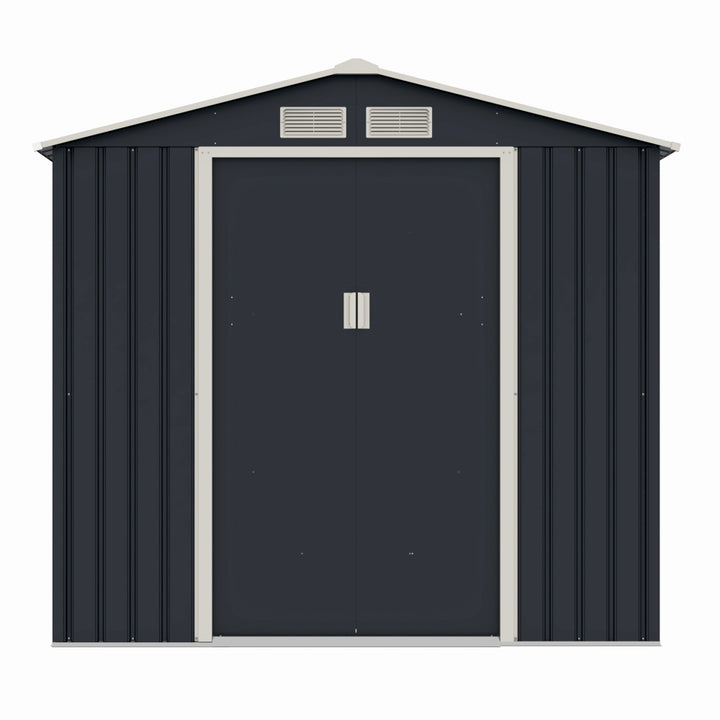 Casuta / magazie de gradina premium metalica MESTERINO Archer-A, Gri/Bej, dimensiuni 213x131x195 cm, cu usi culisante si baza metalica