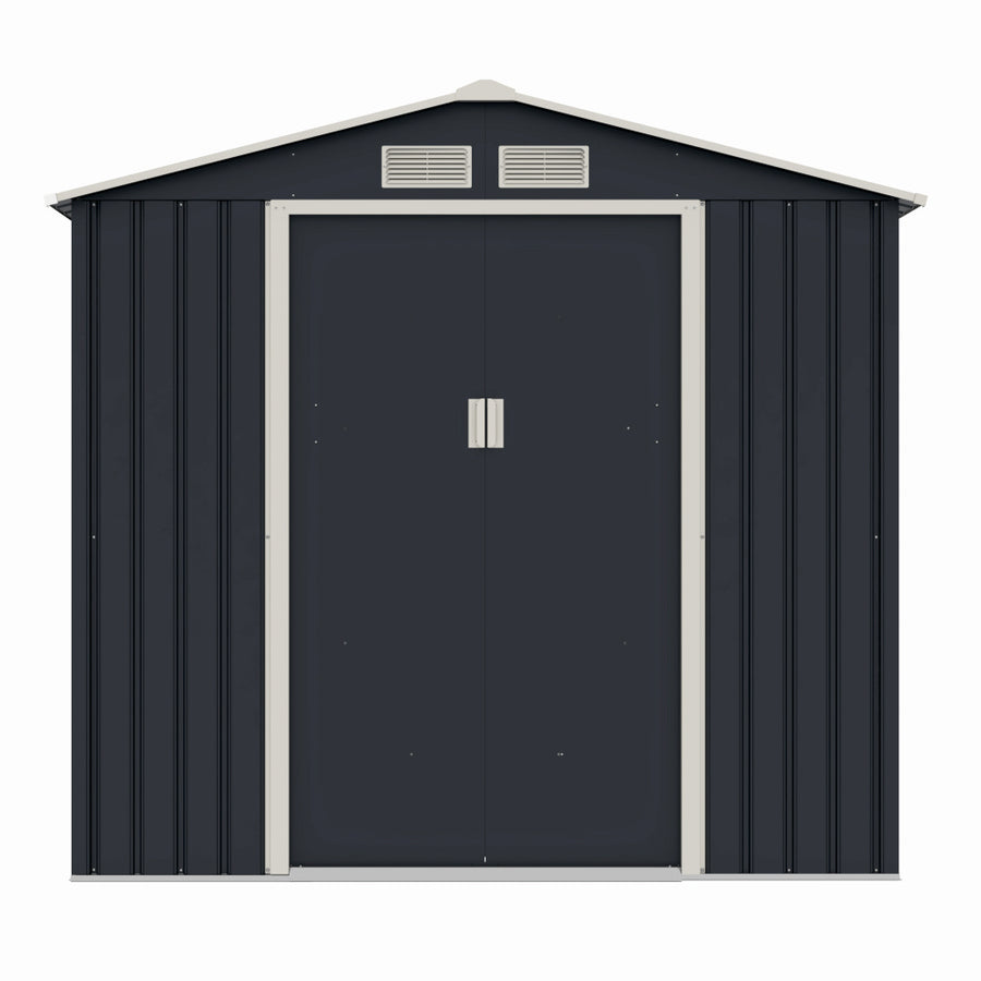 Casuta / magazie de gradina premium metalica MESTERINO Archer-A, Gri/Bej, dimensiuni 213x131x195 cm, cu usi culisante si baza metalica